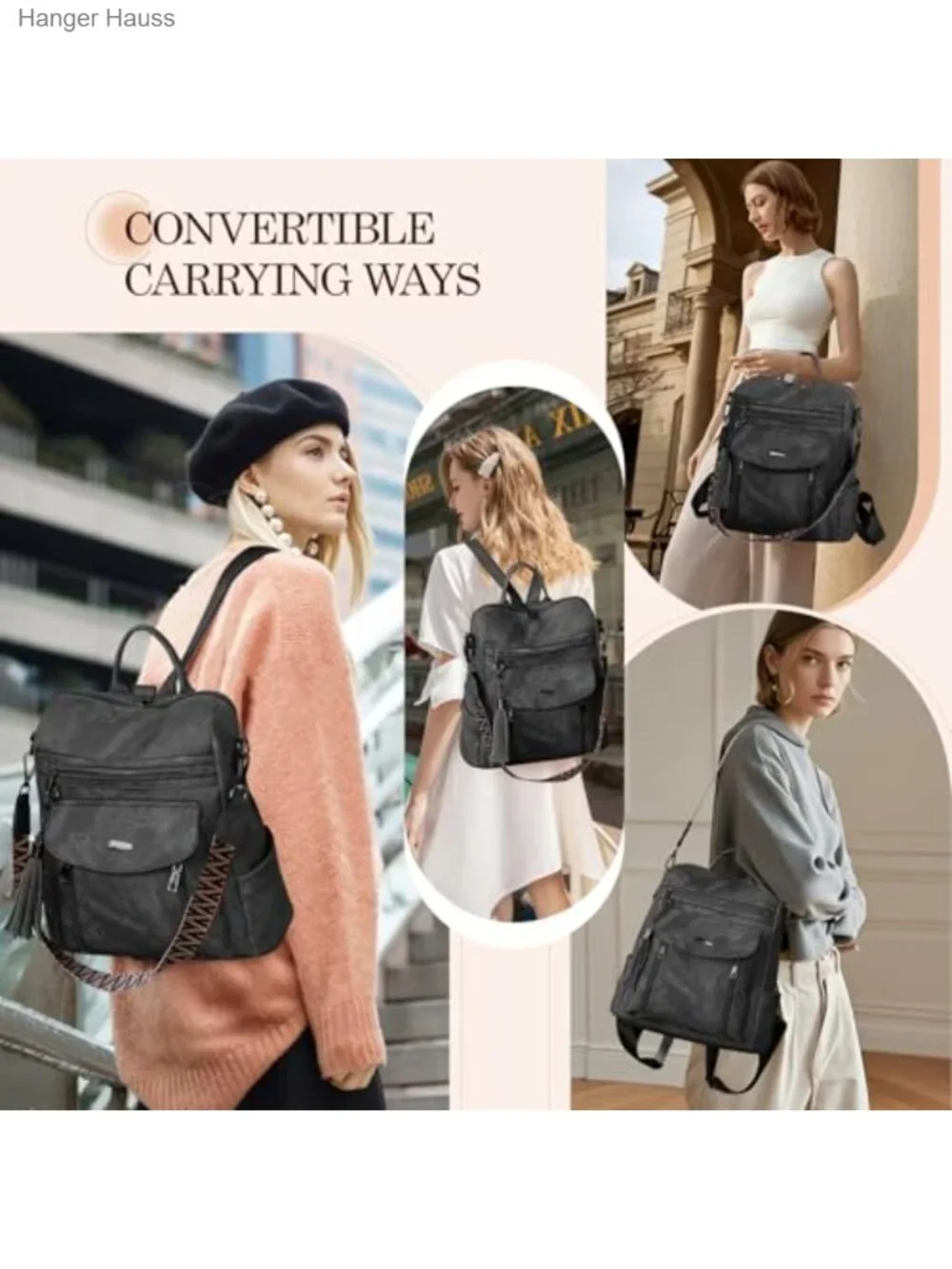 Women's PU Leather Convertible Fashion Backpack Purse, Shoulder Bag 4-in-1